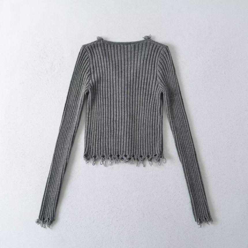 Long Sleeve V-Neck Plain Ribbed-Knit Tassel Slim-Fit Cardigan Product Image