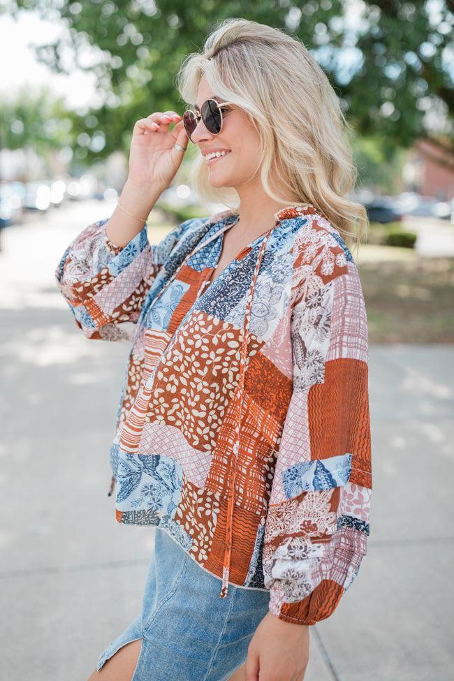Outlook On Life Brown Multi Patchwork Printed Blouse FINAL SALE Product Image