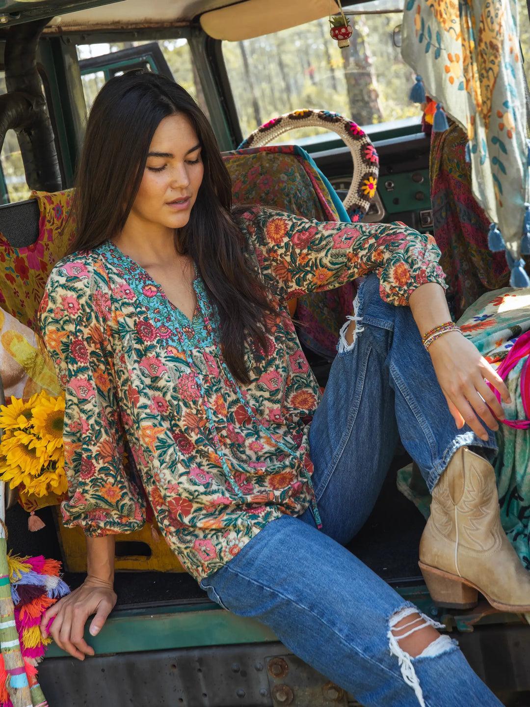 Rowan Top - Navy Red Feathers Product Image