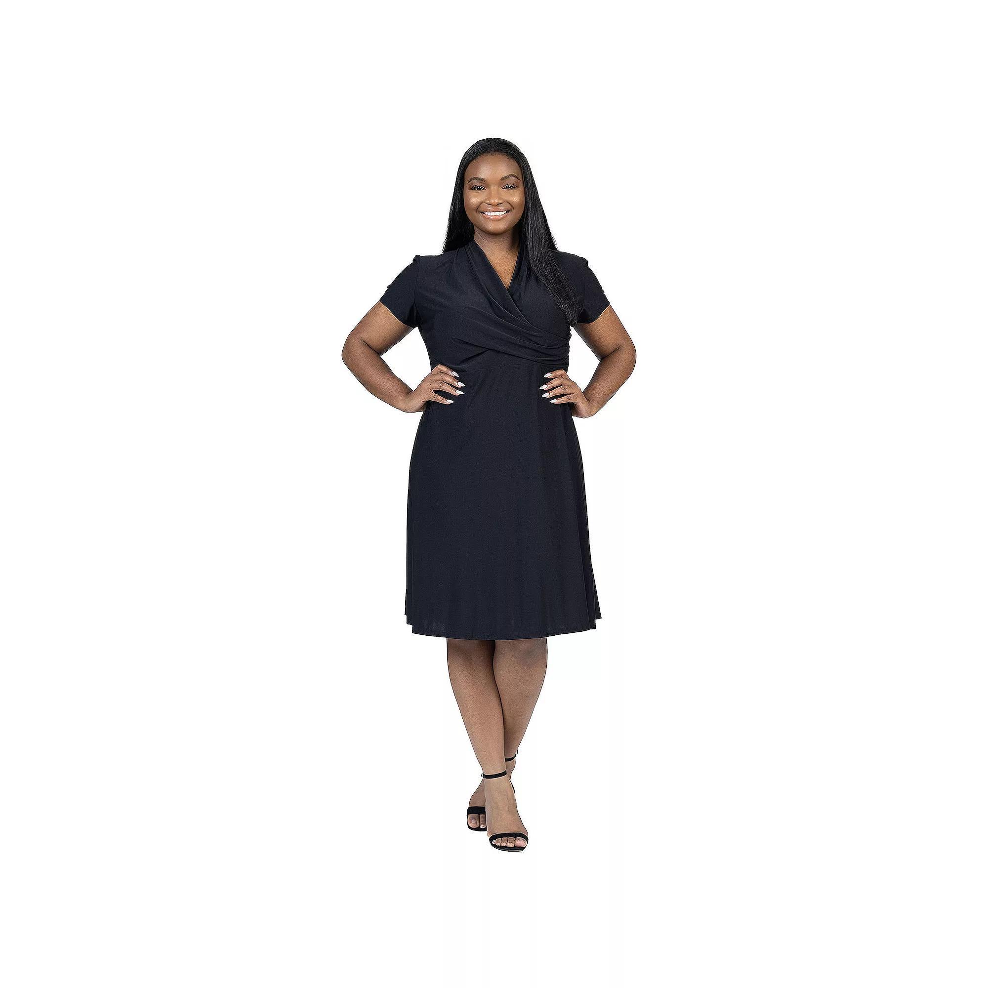 Plus Size 24Seven Comfort Apparel Print Short Sleeve Knee Length V Neck Rouched Wrap Dress, Women's, Size: 1XL, Blue Product Image