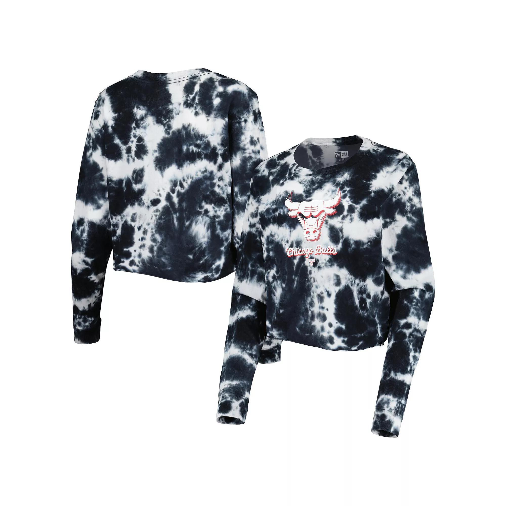 Women's New Era Black Chicago Bulls Tie Dye Cropped Long Sleeve T-Shirt, Size: Large Product Image