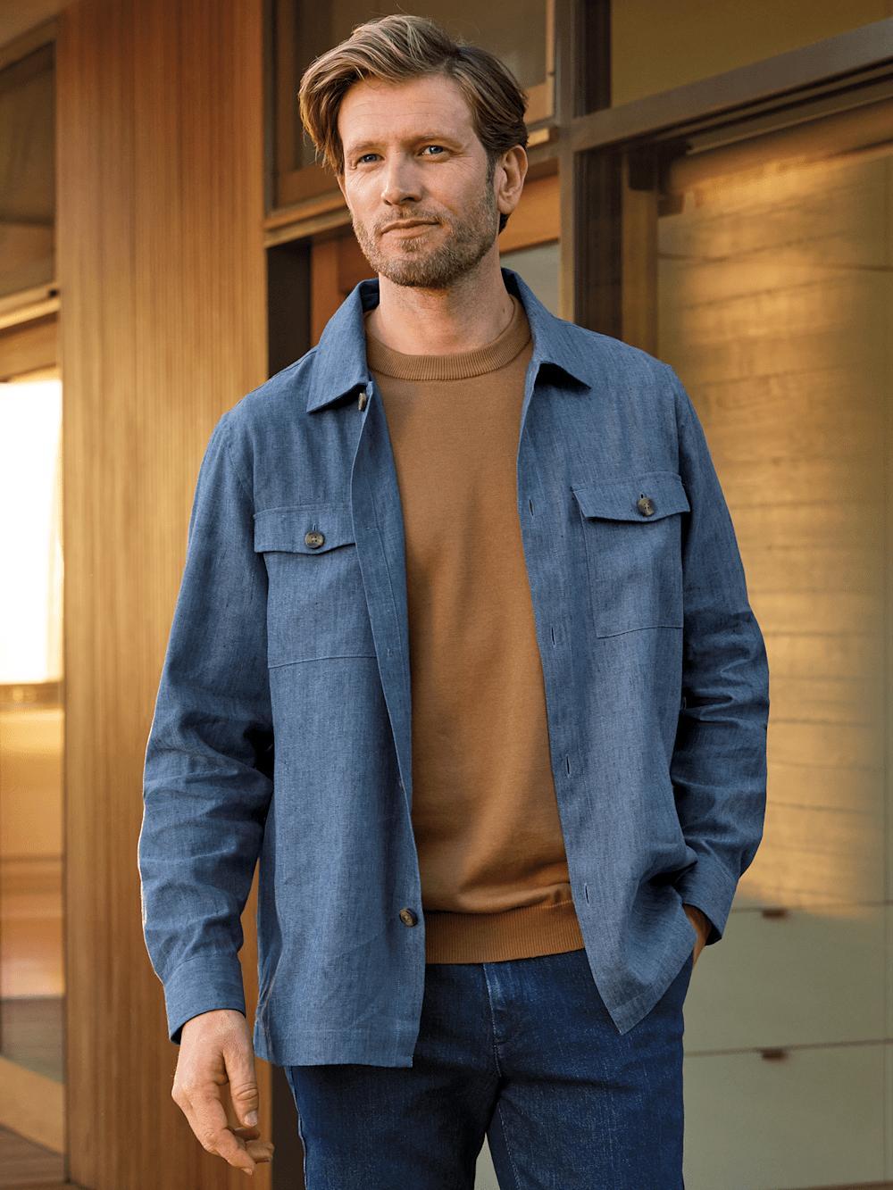 Linen Blend Solid Overshirt - Blue Product Image