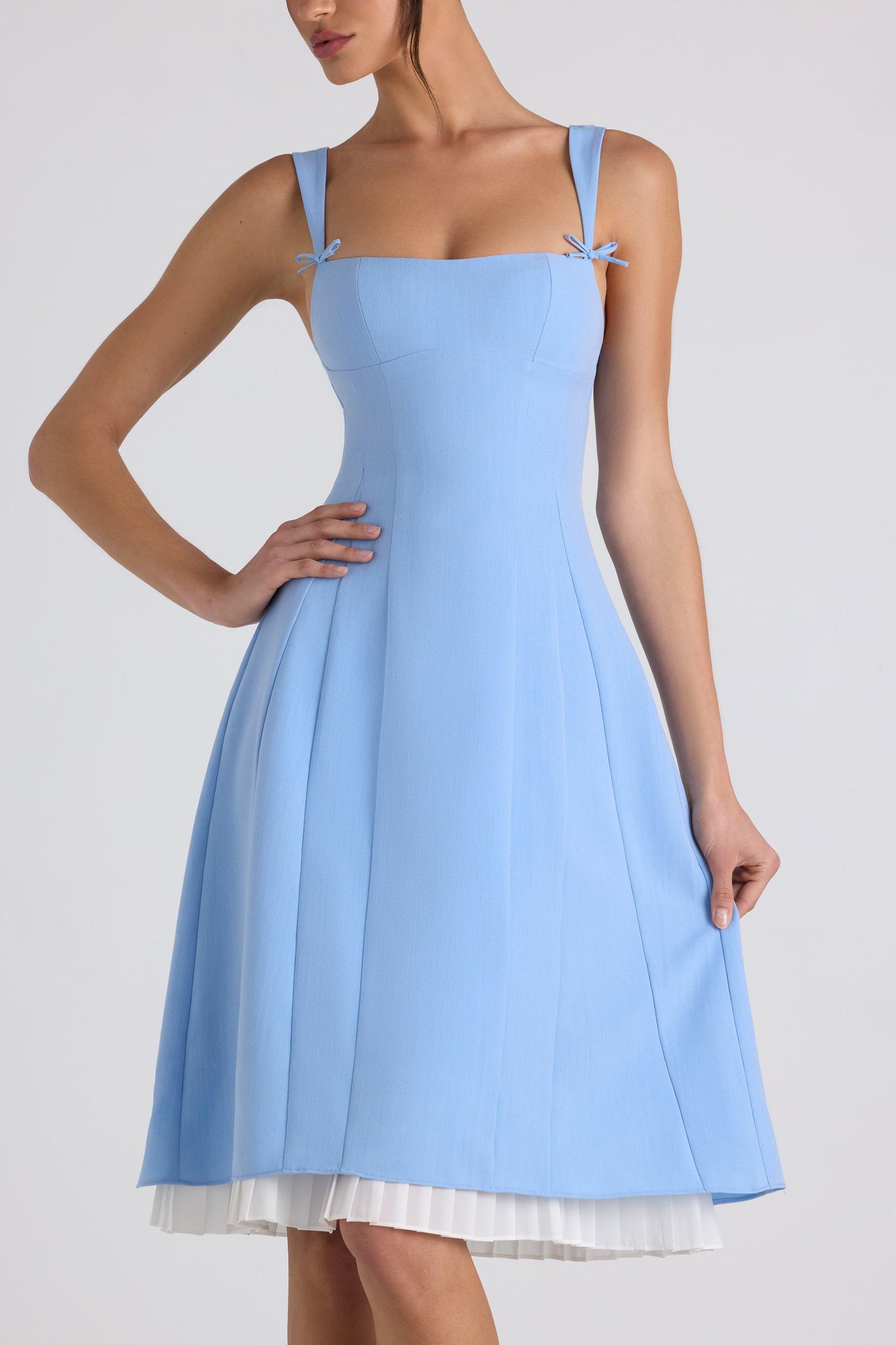 Bow-Detail Pleated A-Line Midi Dress in Sky Blue Product Image