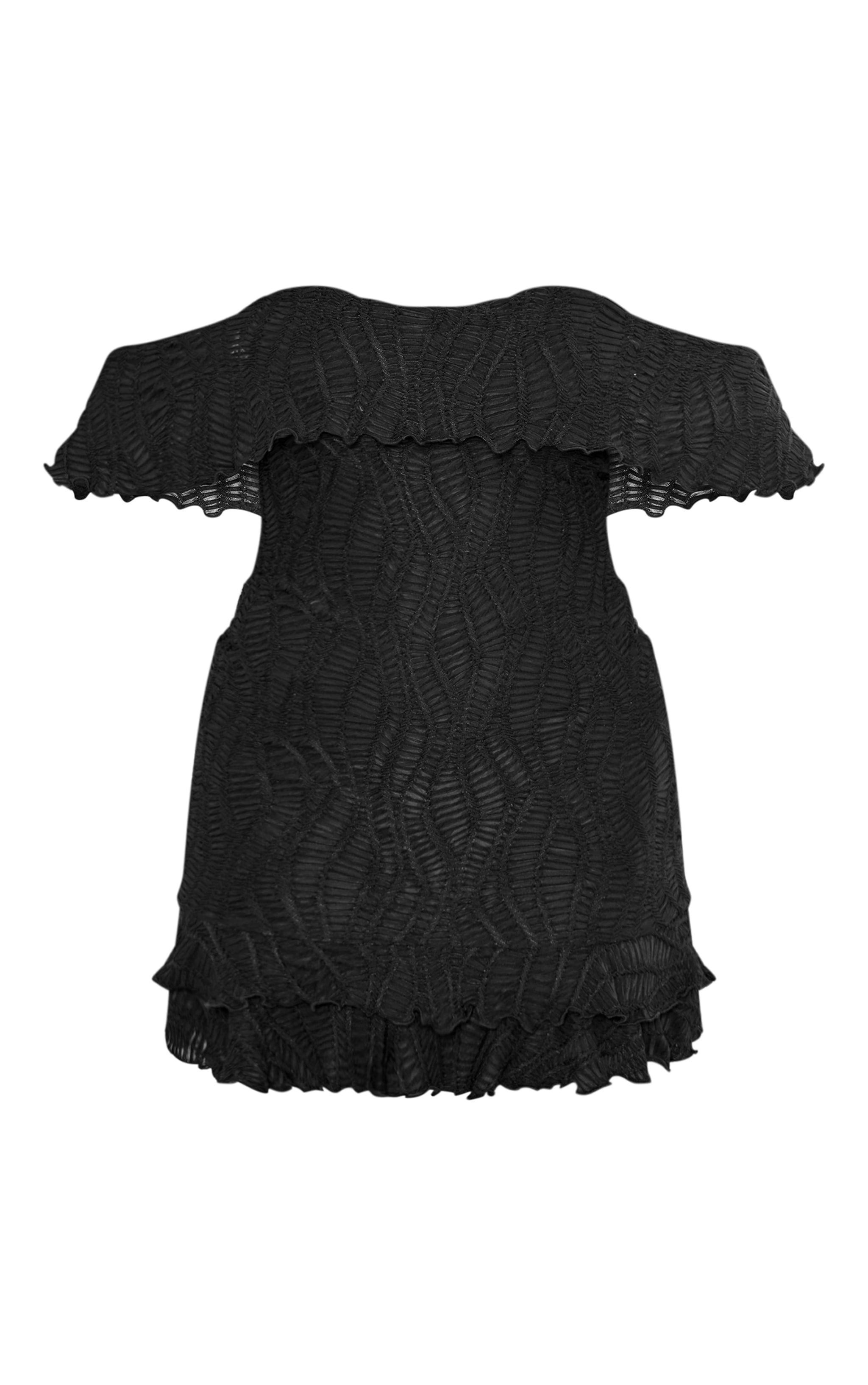 Black Textured Bardot Tiered Shift Dress Product Image