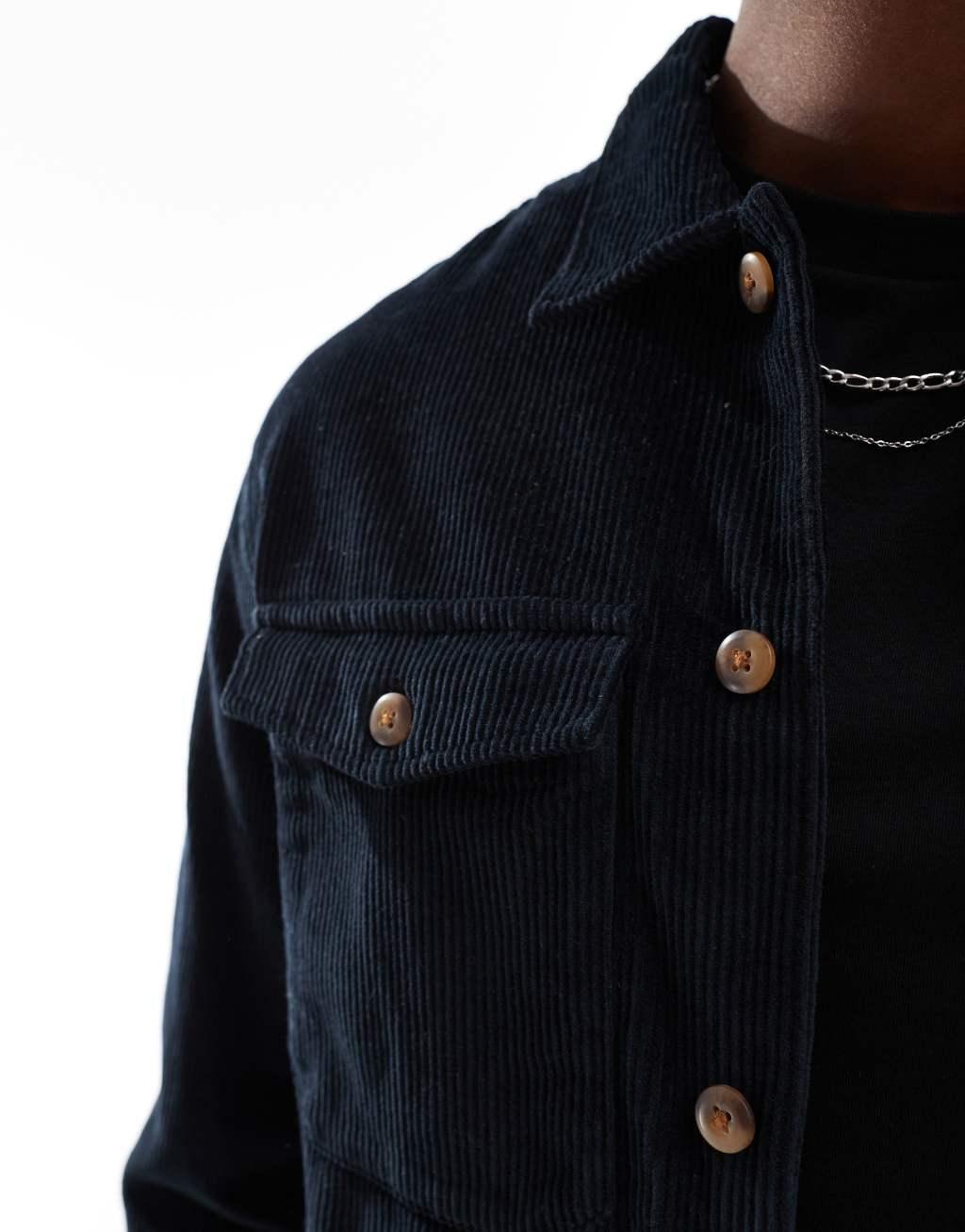 Jack & Jones oversized cord overshirt in black Product Image