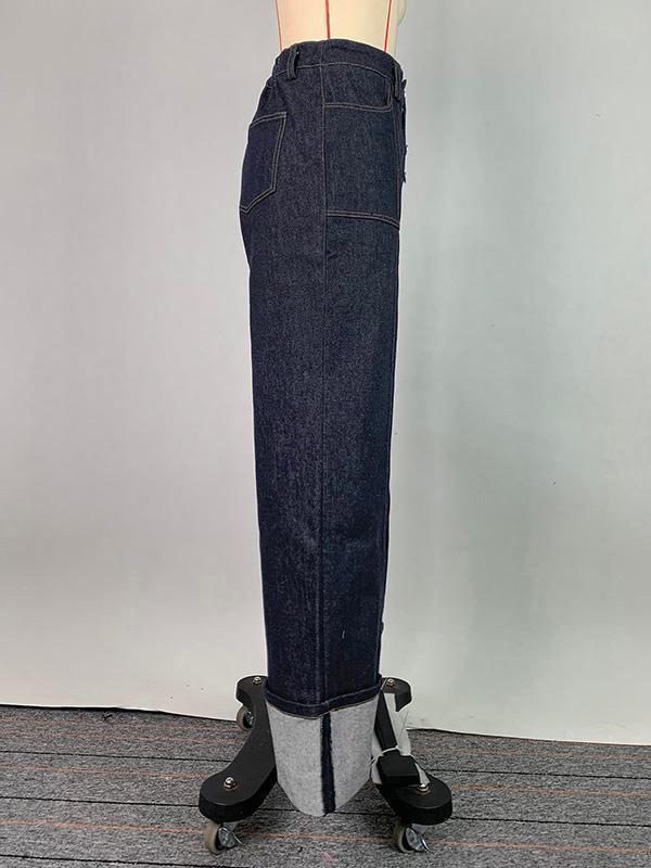 High Waisted Straight Leg Contrast Color Split-Joint Jean Pants Bottoms Product Image
