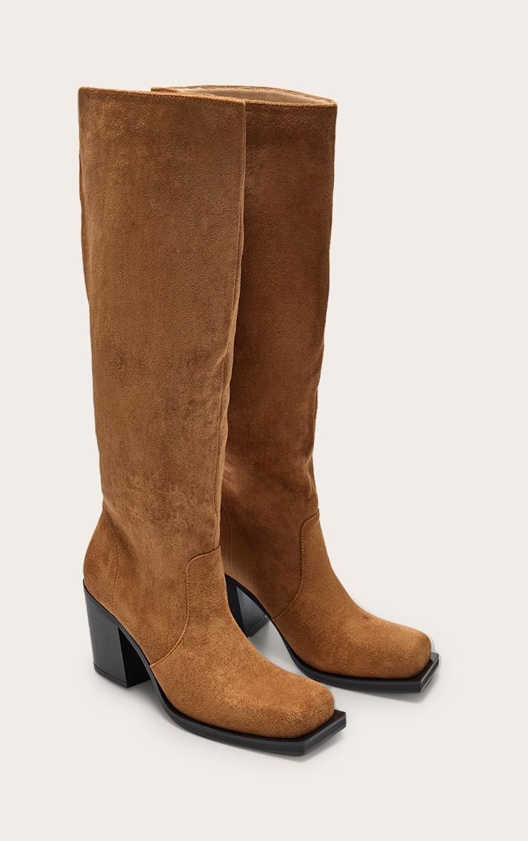Tan Faux Suede Square Toe High Block Heel Knee High Boots Product Image