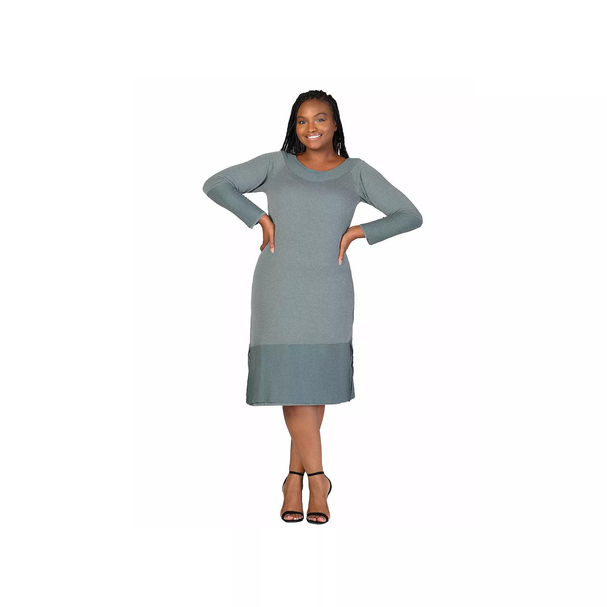 Plus Size 24Seven Comfort Apparel Ribbed Knit Long Sleeve Split Hem Sweater Dress, Women's, Size: 3XL, Green Product Image