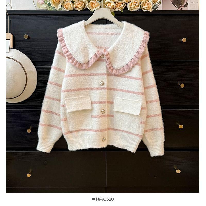 Peter Pan-Collar Striped Cardigan with Pocket Product Image