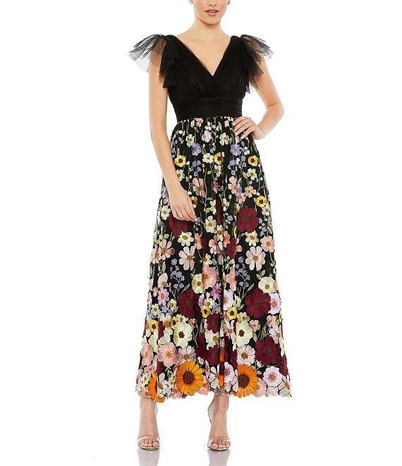 Mac Duggal Floral Embroidered V-Neck Cap Flutter Sleeve Dress Product Image