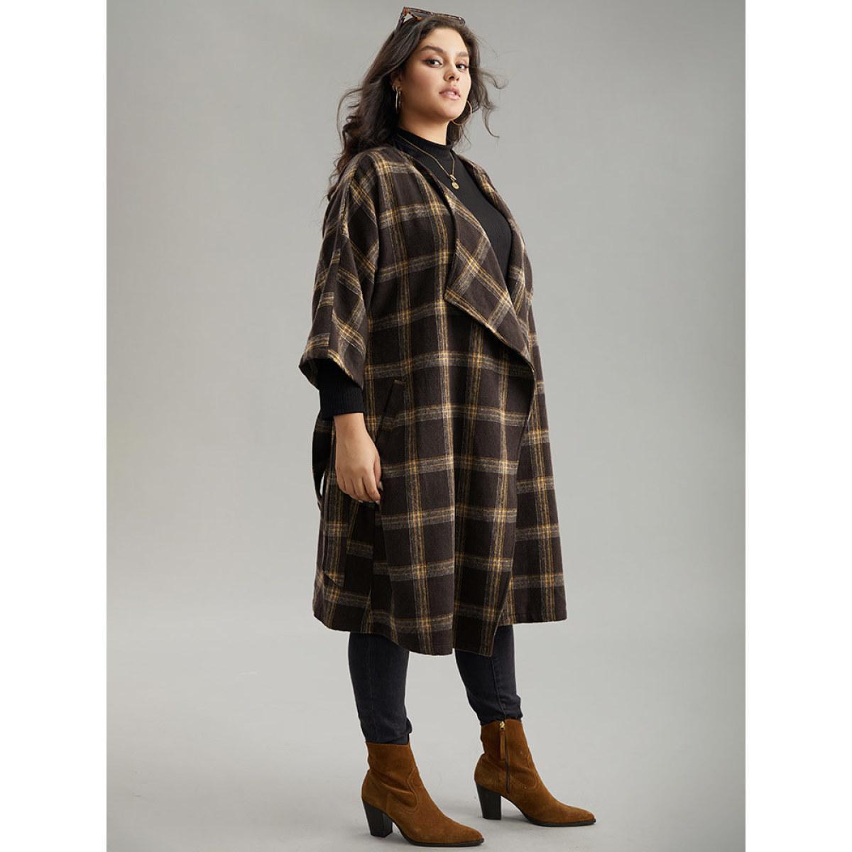 Plus Size Plaid Asymmetrical Neck Dolman Sleeve Belted Coat Women DarkBrown Elegant Belted Ladies Dailywear Winter Coats BloomChic 10/M Product Image