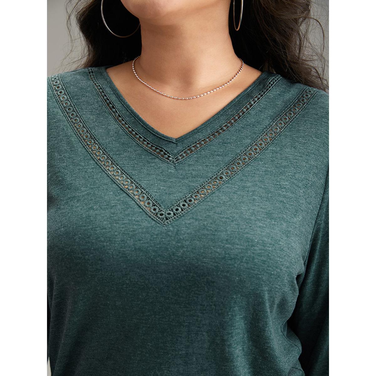 Plus Size Solid Gathered Contrast Lace V Neck T-shirt DarkGreen Women Elegant Gathered Plain V-neck Everyday T-shirts BloomChic 14-16/1X Product Image