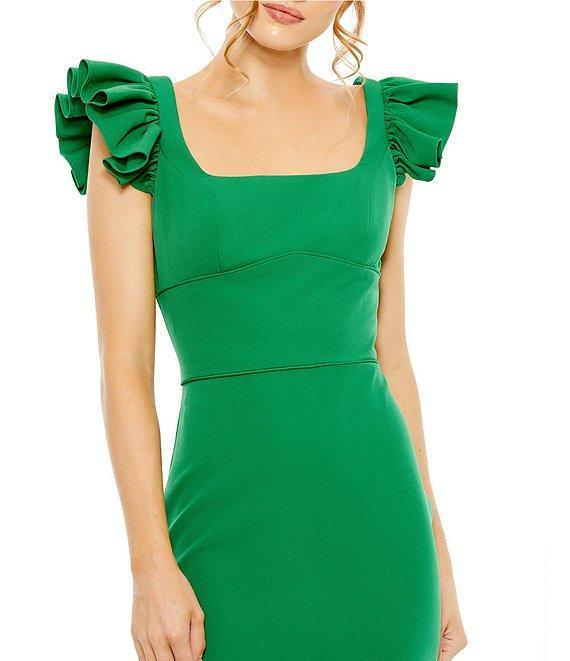 Mac Duggal Scoop Neck Ruffle Shoulder Crepe Column Gown Product Image