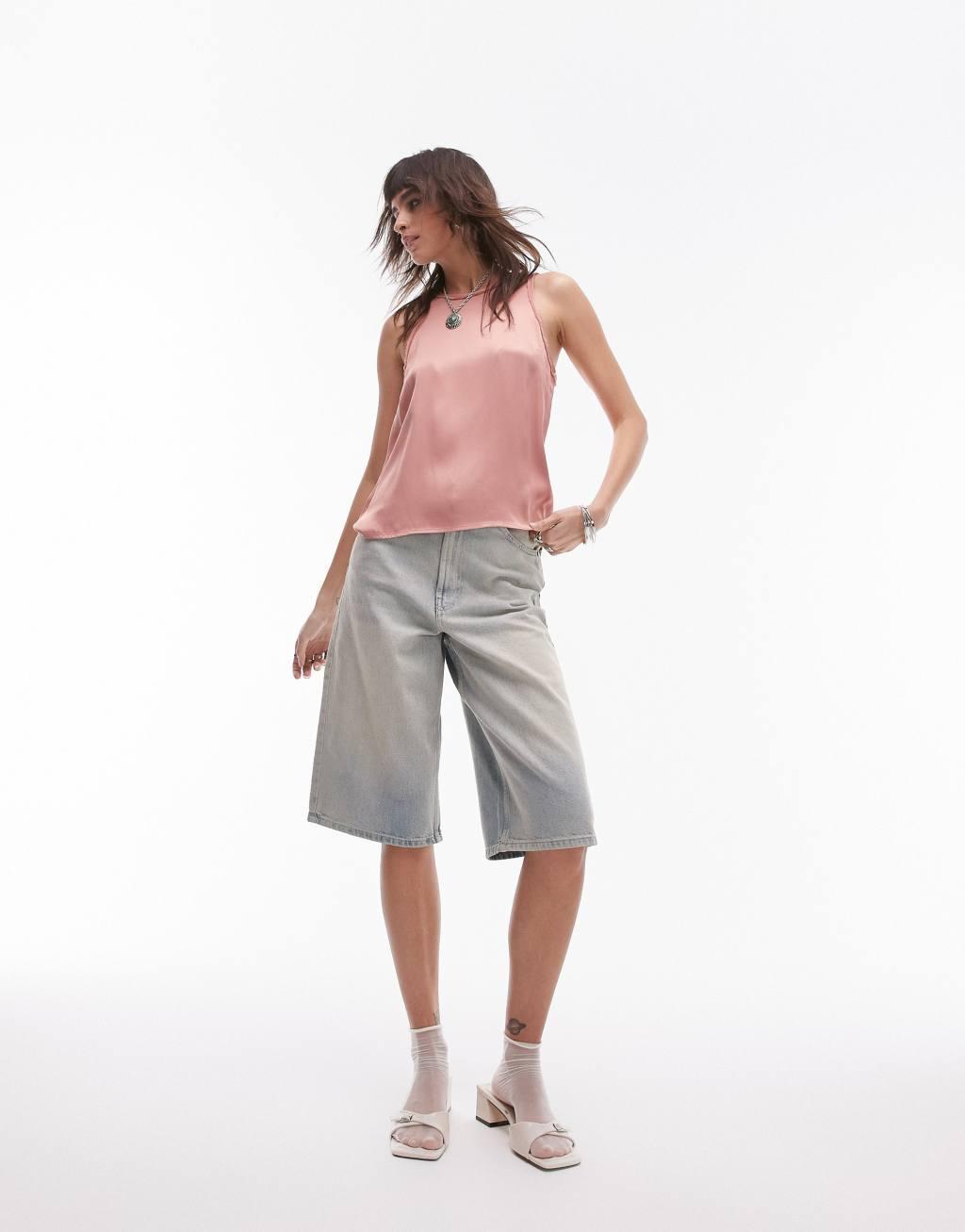 Topshop satin raw-edge racer cami top in pink - part of a set  Product Image