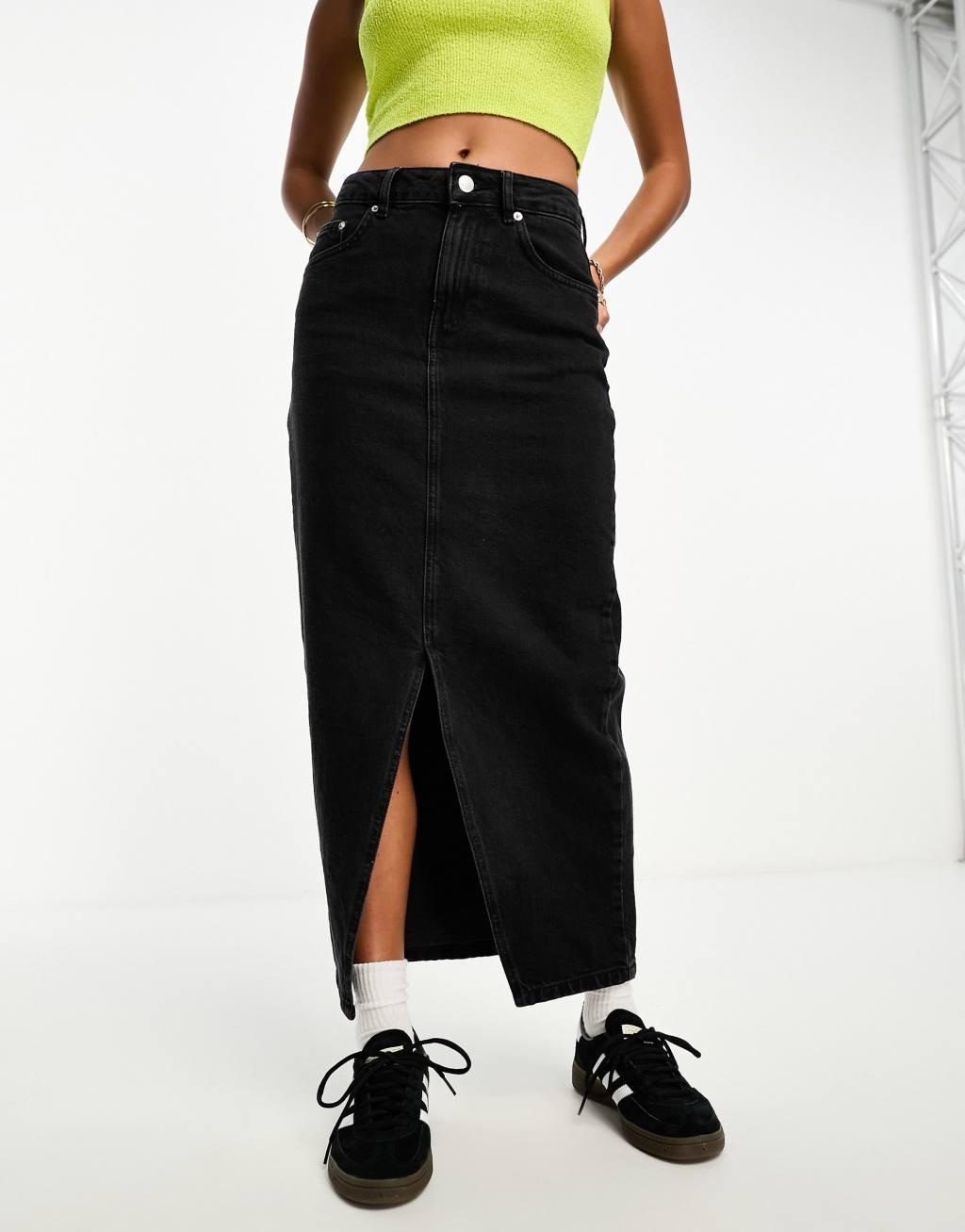 ASOS DESIGN Petite denim midi skirt with split hem Product Image