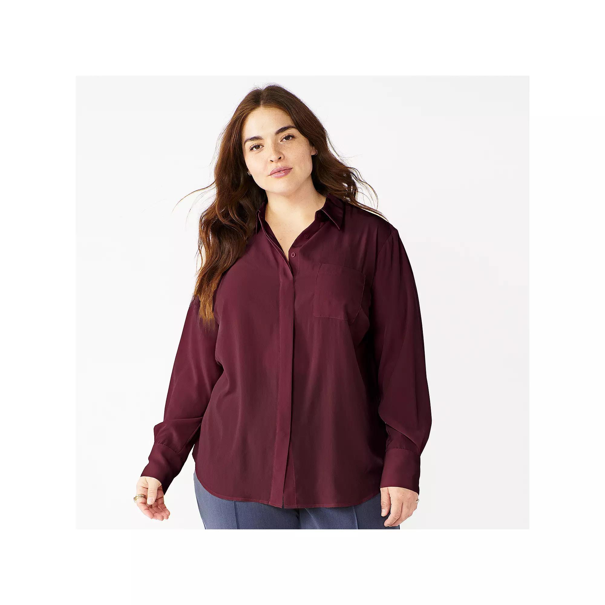 Plus Size Nine West Drapey Button Down Shirt, Women's, Size: 2XL, Maddie Purple Product Image