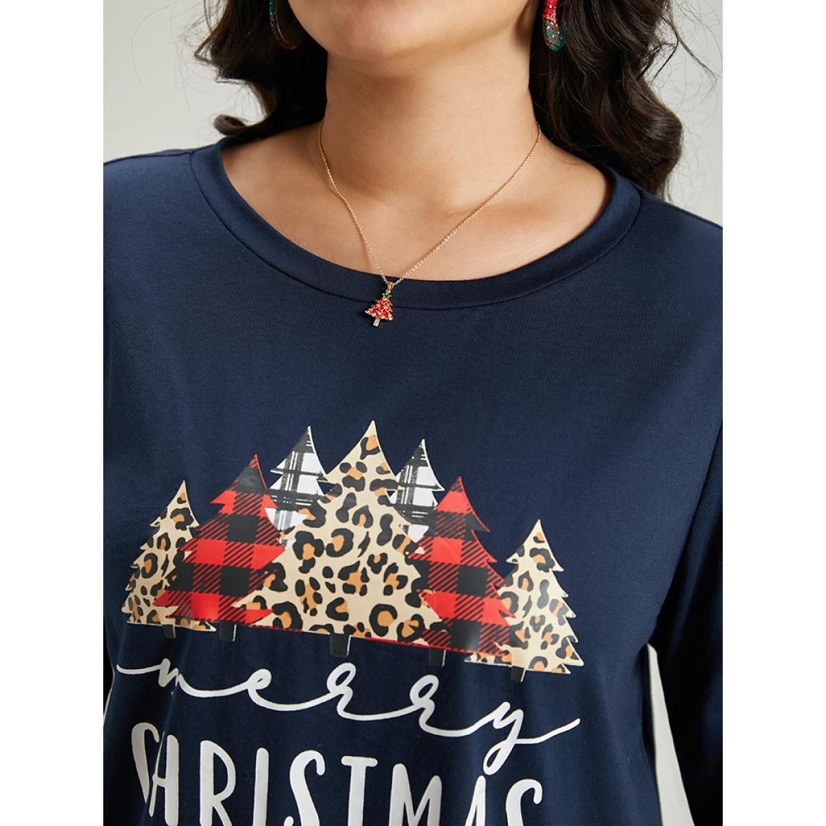 Plus Size Christmas Trees Letter Print Round Neck T-shirt Indigo Women Casual Printed Christmas Festival-Christmas T-shirts BloomChic 22-24/3X Product Image