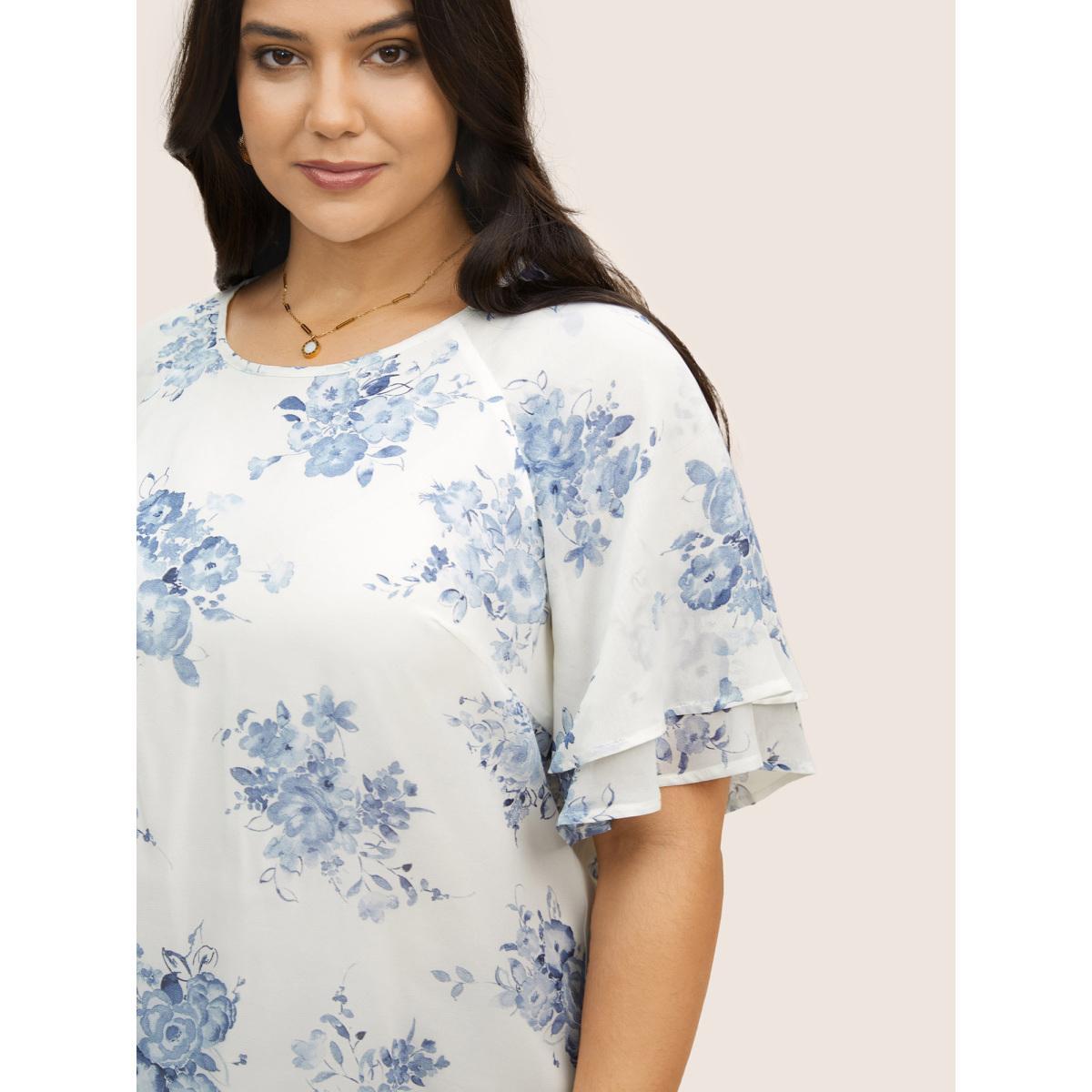 Plus Size Originalwhite Chiffon Floral Tiered Ruffles Raglan Sleeve Blouse Women Elegant Half Sleeve Round Neck Everyday Blouses BloomChic 14-16/1X Product Image