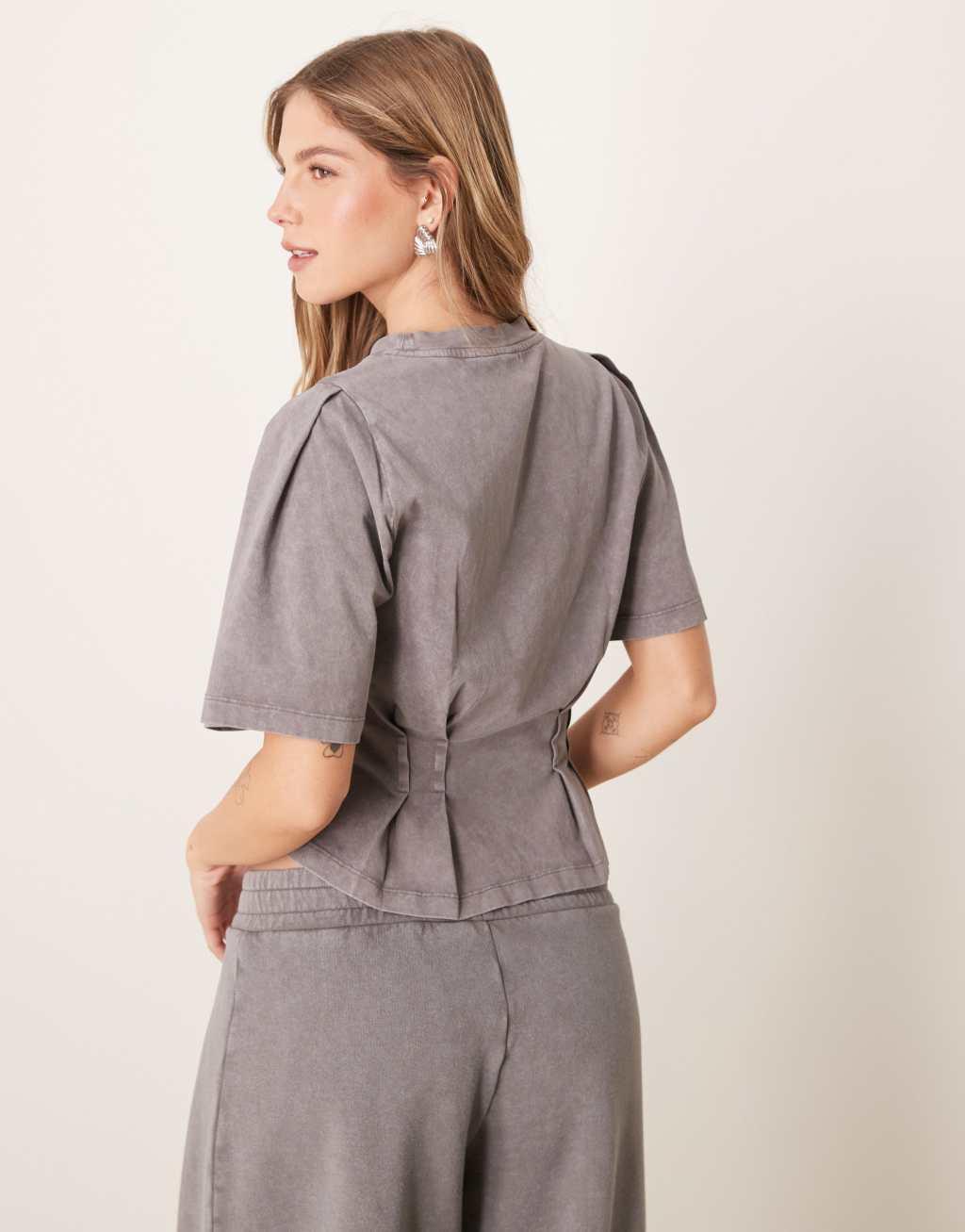 ASOS DESIGN seam detail short sleeve corset waist T-shirt in washed gray Product Image