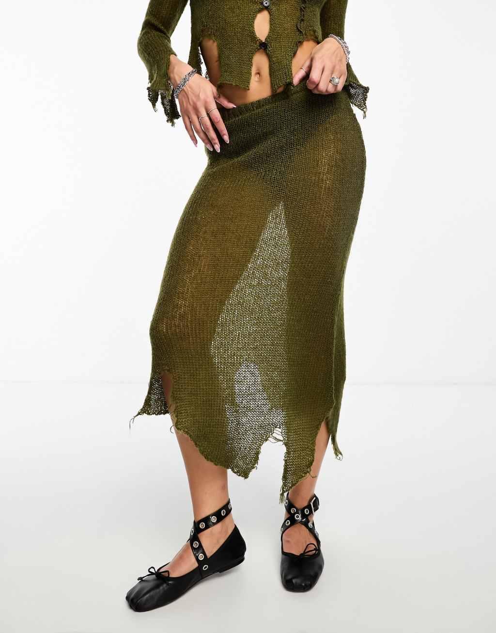 COLLUSION open stitch knitted midi skirt with asymmetric hem Product Image