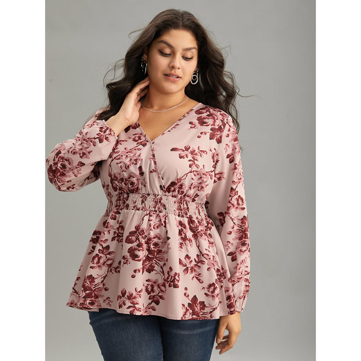 Plus Size Burgundy Floral Print Shirred Surplice Neck Blouse Women Elegant Long Sleeve Overlap Collar Everyday Blouses BloomChic 18-20/2X Product Image