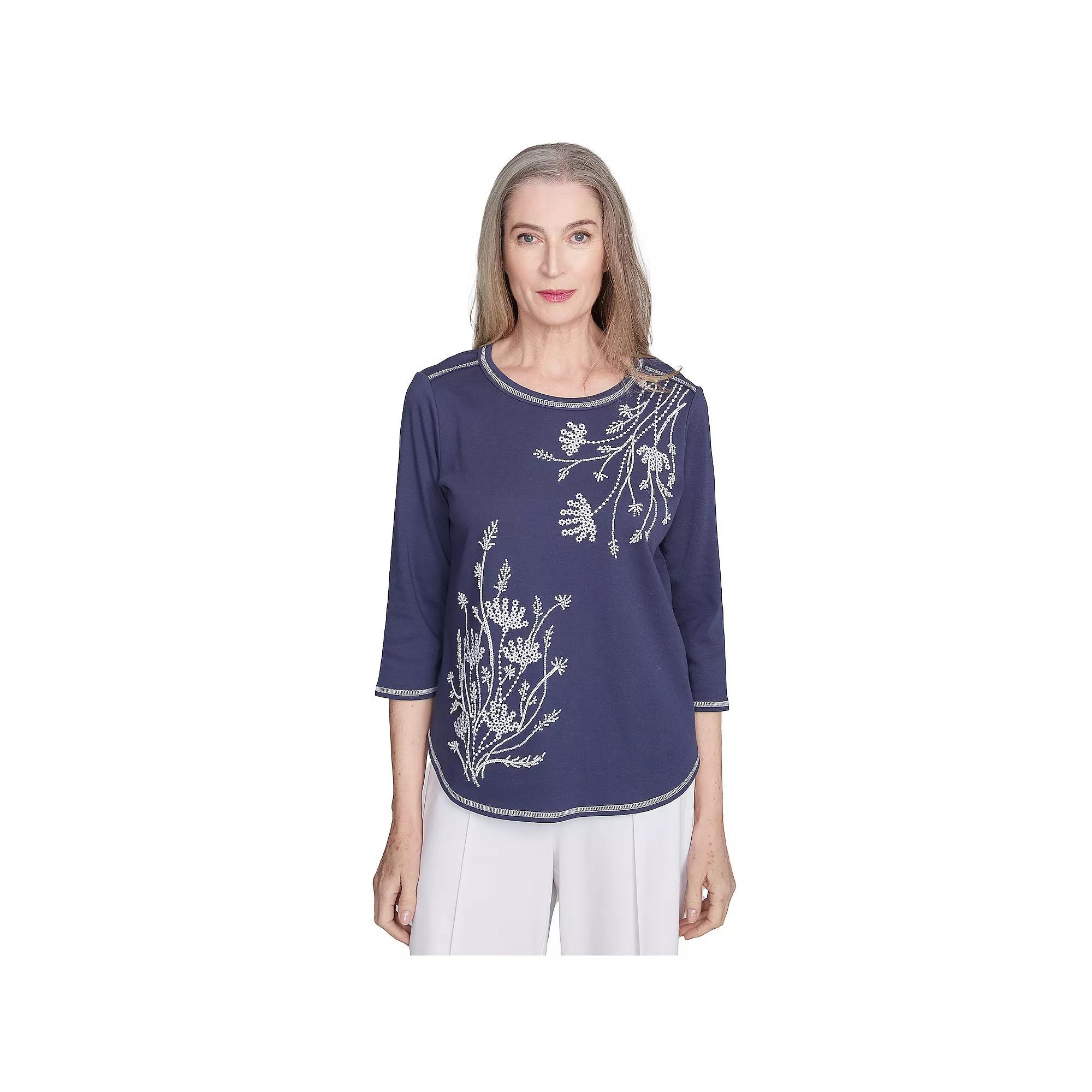 Women's Alfred Dunner Asymmetric Floral Embroidered Top, Size: Large, Marine Blue Product Image