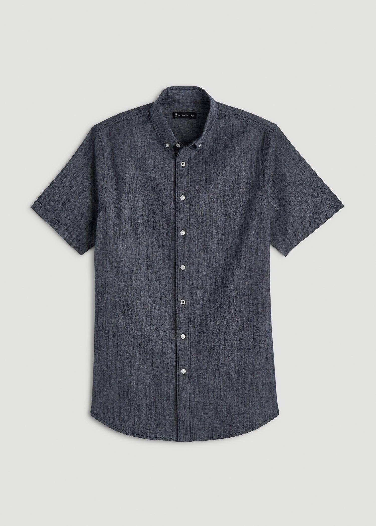 Short Sleeve Stretch Chambray Shirt for Tall Men in Dark Blue Chambray Male Product Image