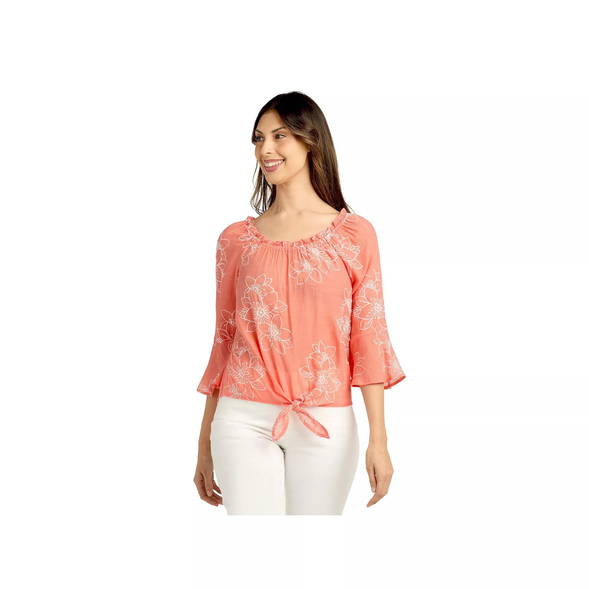 Womens AB Studio Off-The-Shoulder Bell Sleeve Top Guava White Floral Product Image