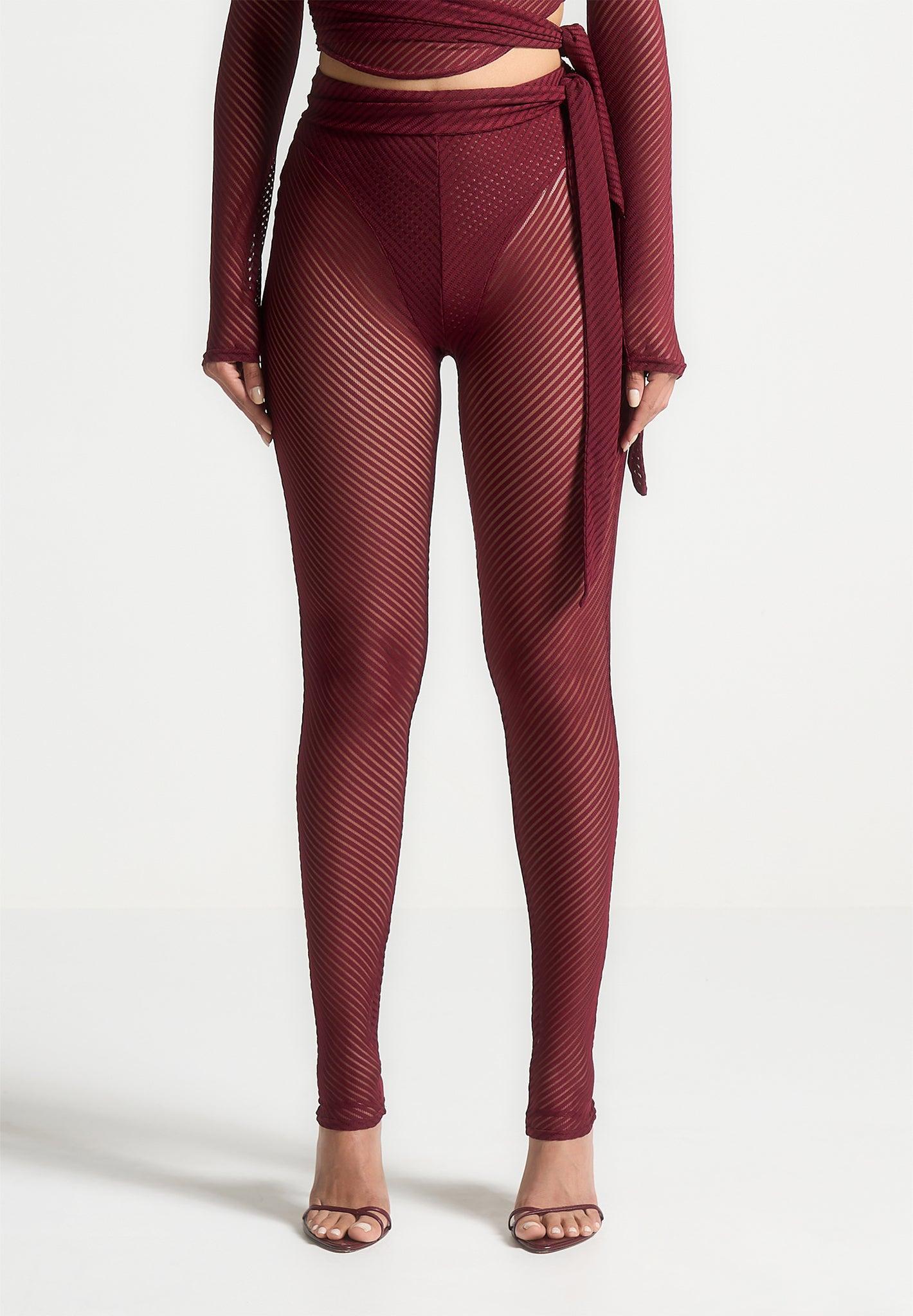 Ribbed Sheer Leggings with Tie - Wine Red Female Product Image