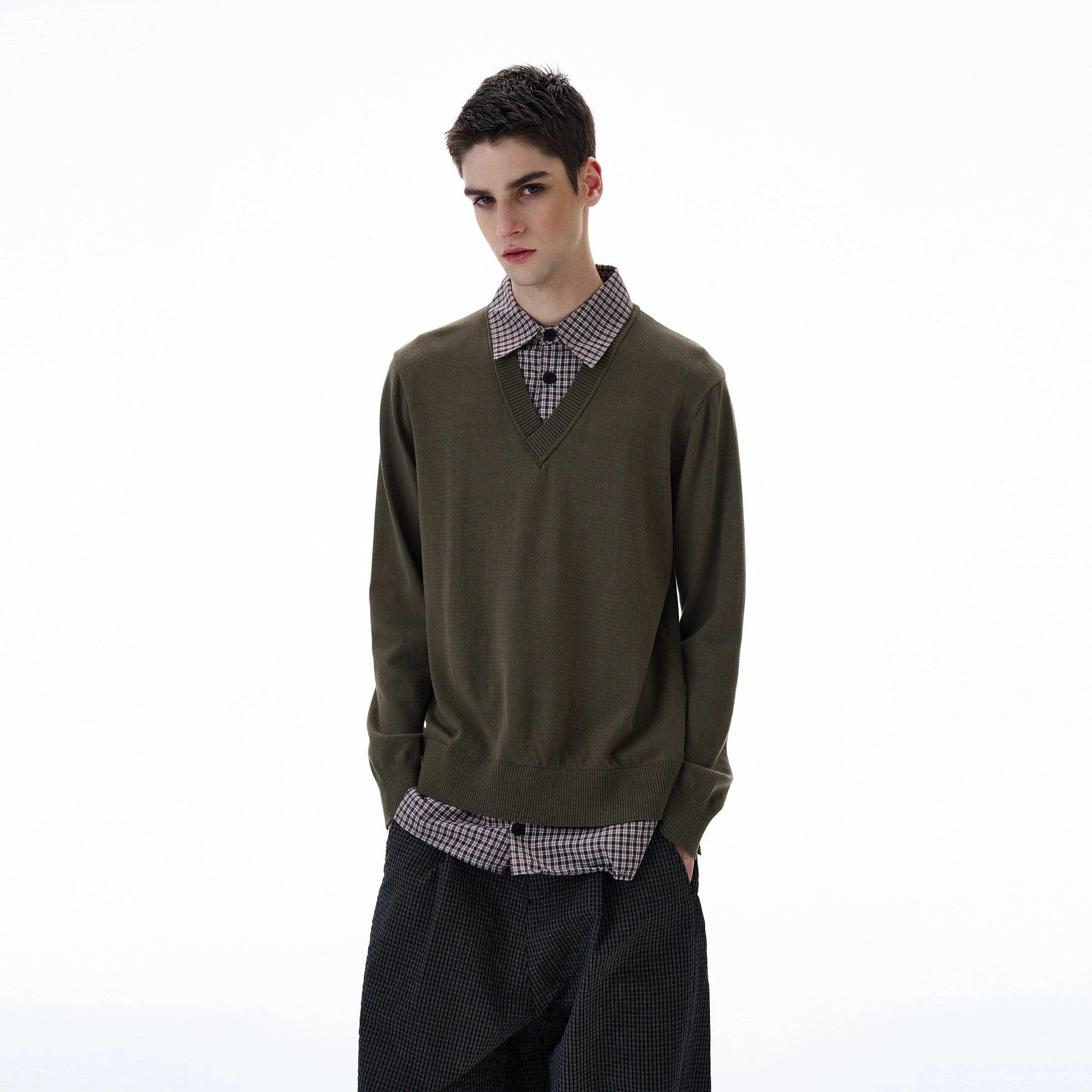 RT No. 20008 TWO PIECE BUTTON-UP SHIRT V-NECK SWEATER Product Image