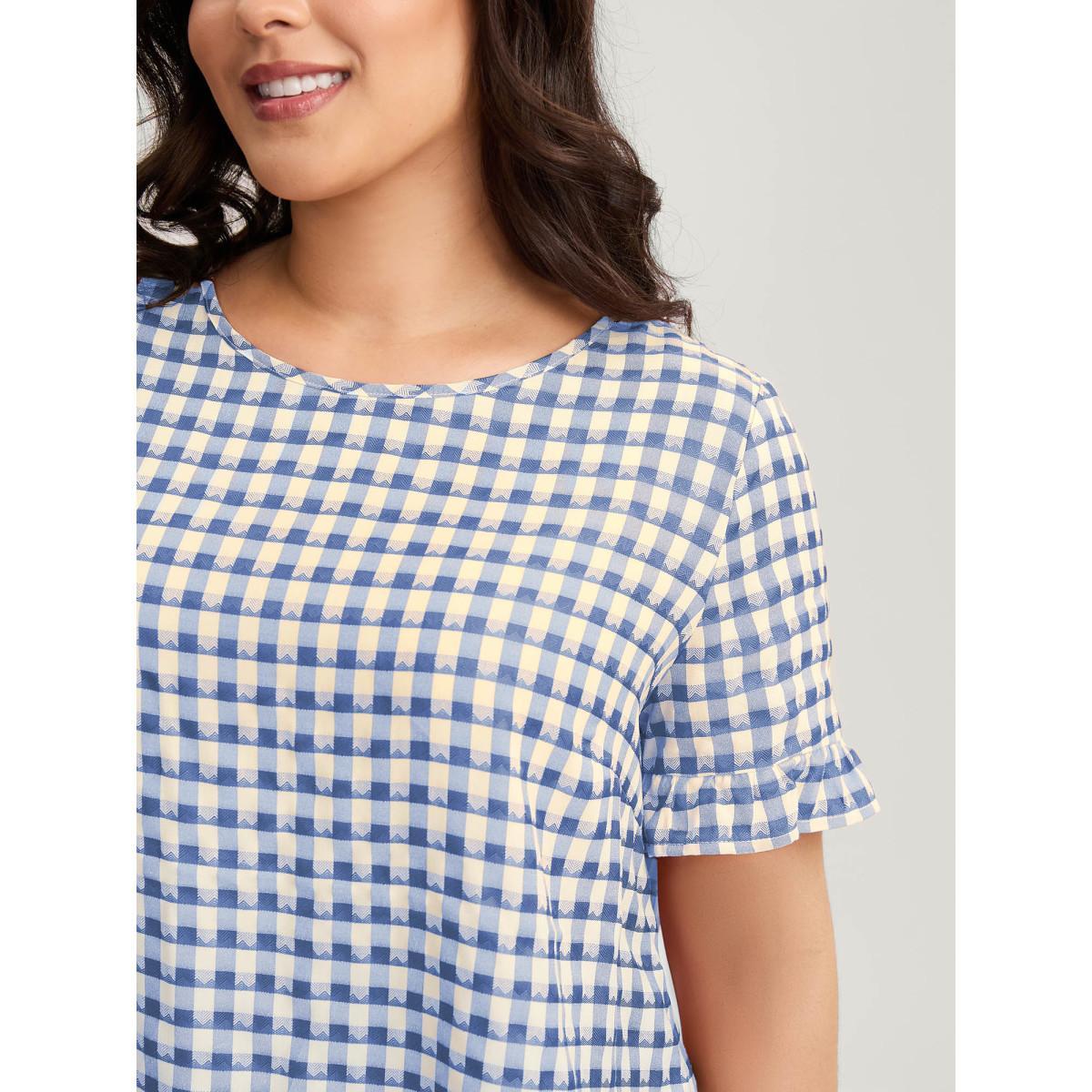 Plus Size Malachitegreen Gingham Print Button Back Blouse Women Short sleeve Round Neck Everyday-Casual Blouses BloomChic 28/5X Product Image