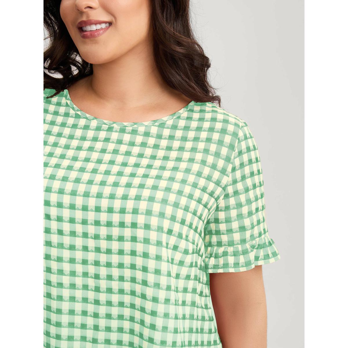 Plus Size Malachitegreen Gingham Print Button Back Blouse Women Short sleeve Round Neck Everyday-Casual Blouses BloomChic 28/5X Product Image