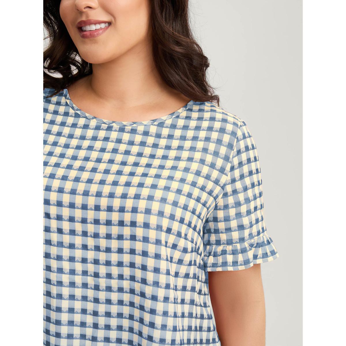 Plus Size Malachitegreen Gingham Print Button Back Blouse Women Short sleeve Round Neck Everyday-Casual Blouses BloomChic 28/5X Product Image