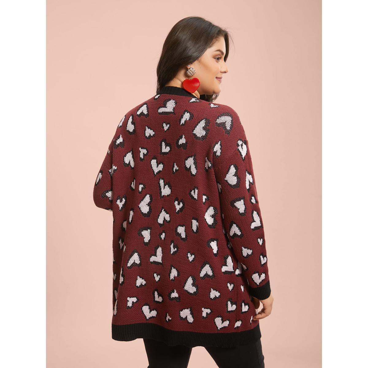 Plus Size Hearts All Over Open Front Contrast Cardigan Deepred Women Leisure Loose Long Sleeve Casual Cardigans BloomChic 30/6X Product Image