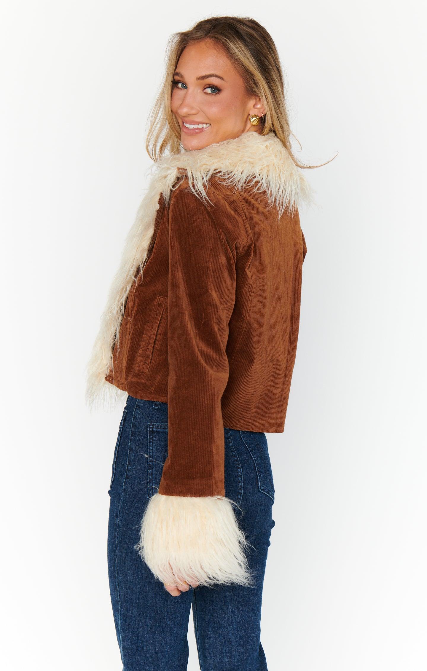 Penny Lane Cropped Coat ~ Saddle Brown Cord w/Faux Fur Product Image