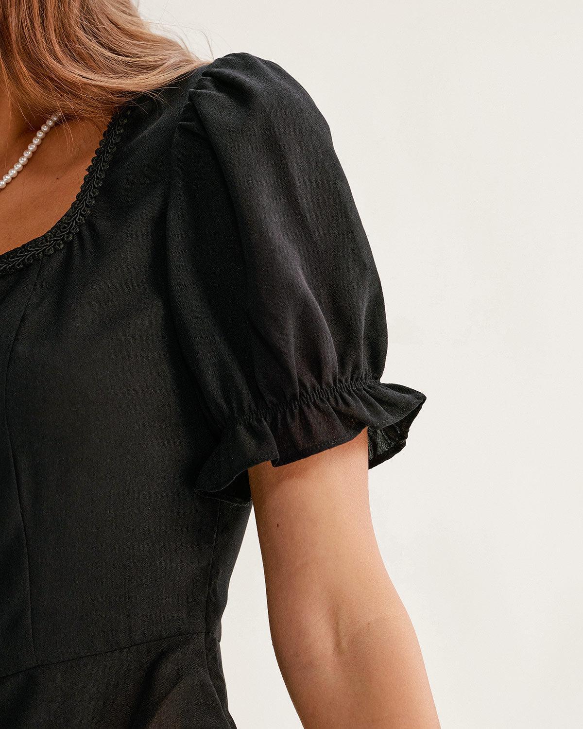 Black Square Neck Shirred Button Blouse Product Image
