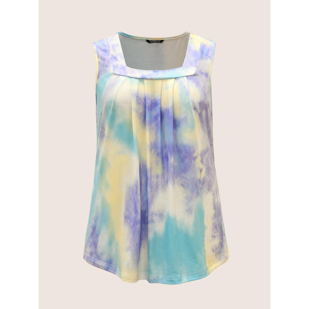 Plus Size Tie Dye U Neck Pleated Tank Top Women Multicolor Casual Contrast U-neck Everyday Tank Tops Camis BloomChic 22-24/3X Product Image
