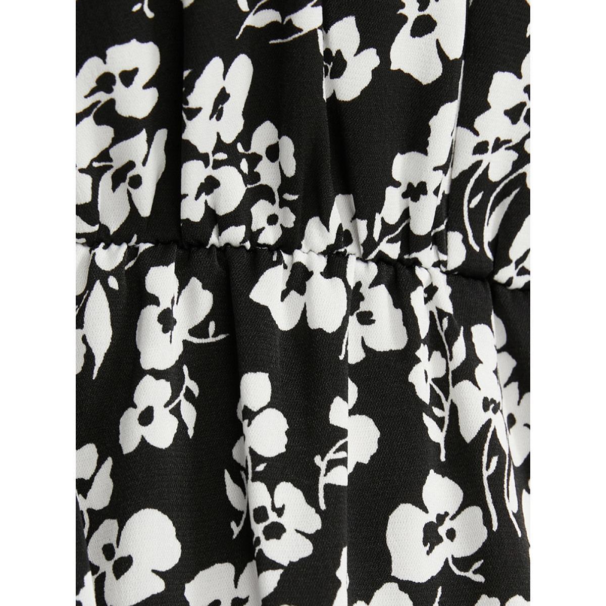 Plus Size Floral V Neck Pocket Flutter Hem Dress Black Women Casual Elastic Waist V-neck Long Sleeve Curvy Midi Dress BloomChic 18-20/2X Product Image