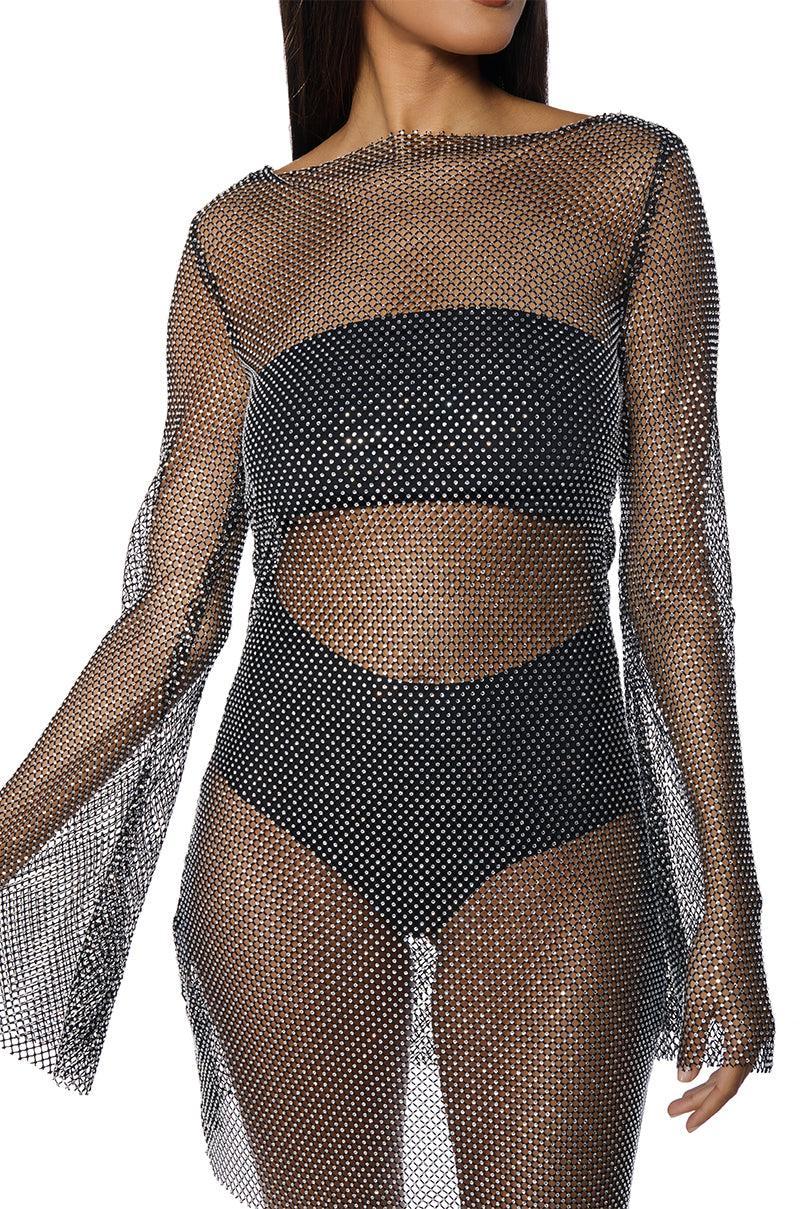 SHE ALL THAT RHINESTONE MESH MINI DRESS IN BLACK Product Image