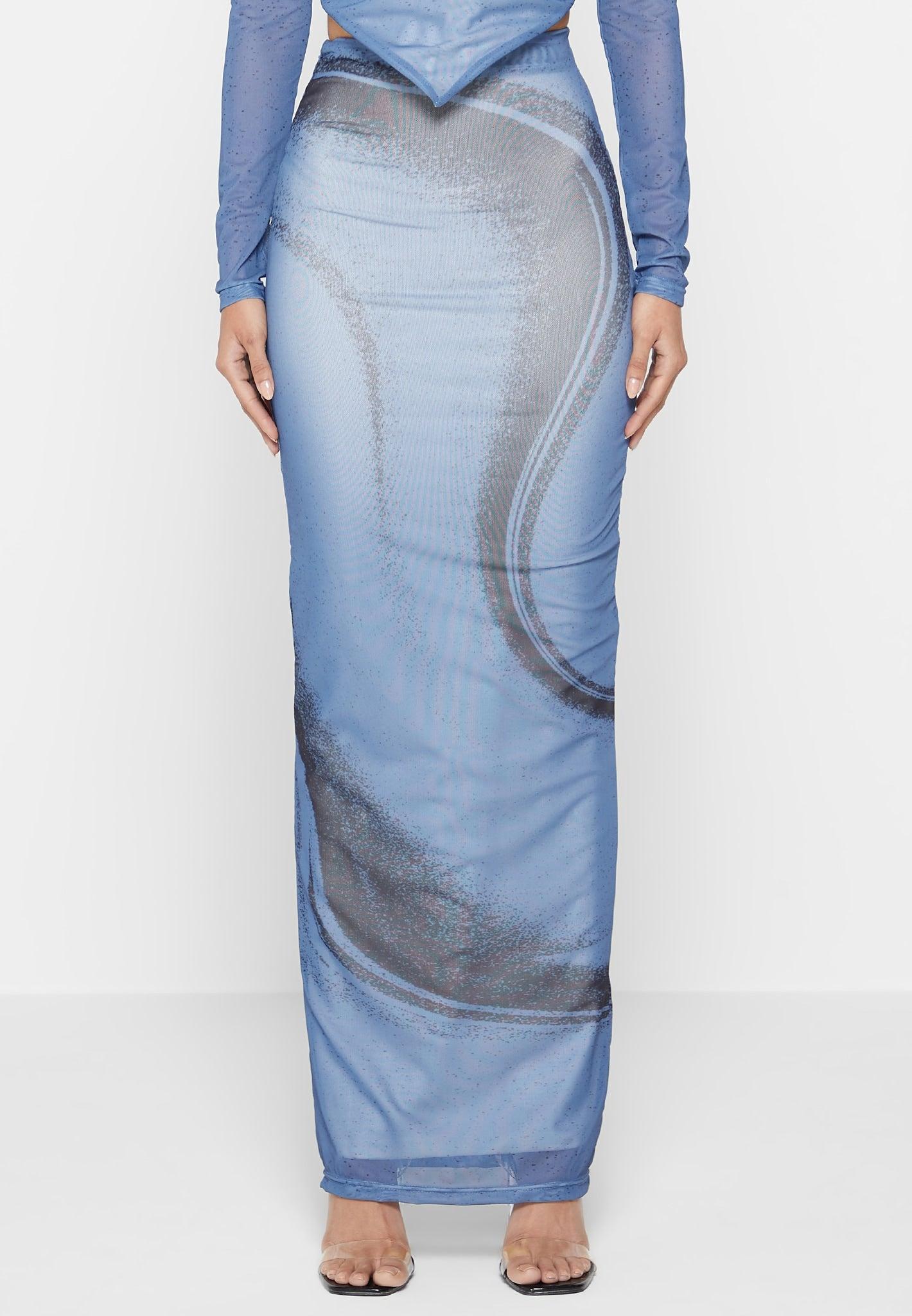 Mesh Printed Maxi Skirt - Blue Female Product Image