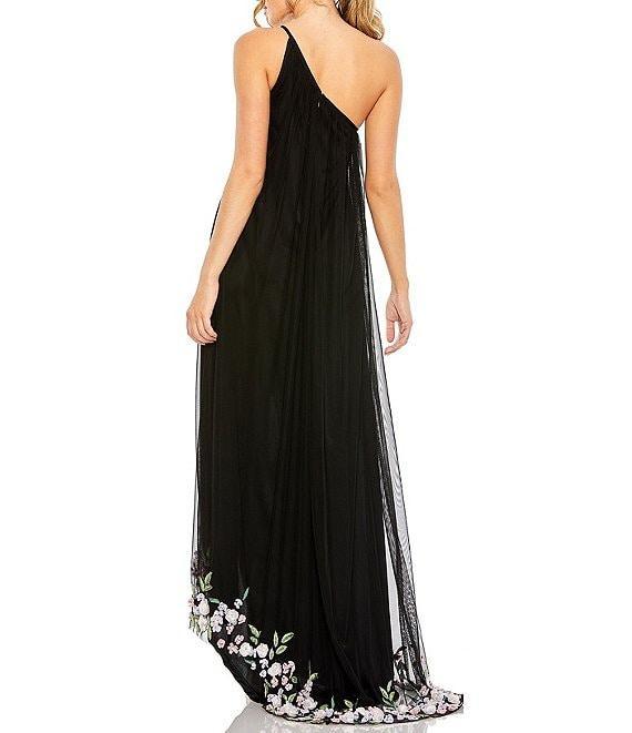 Mac Duggal Floral Pattern Embellished Tulle One Shoulder Sleeveless Trapeze Gown Product Image