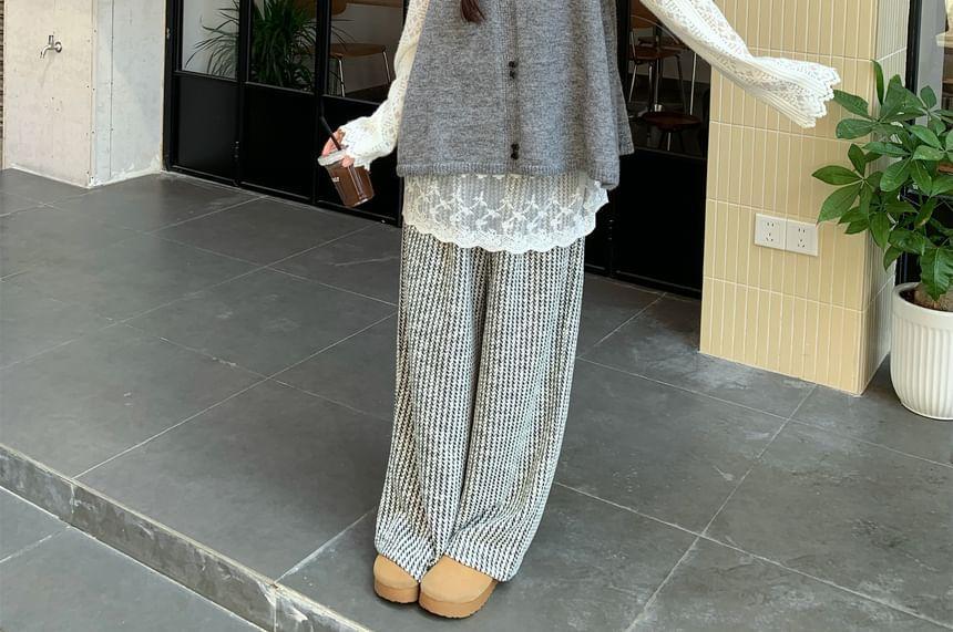 Long-Sleeve Mock-Neck Lace Top / Knit Vest / Striped Loose-Fit Pants Product Image