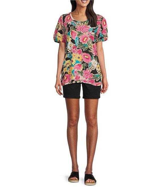 Intro Cotton Slub Floral Scoop Neck Short Twist Sleeve Rushed Tee Product Image