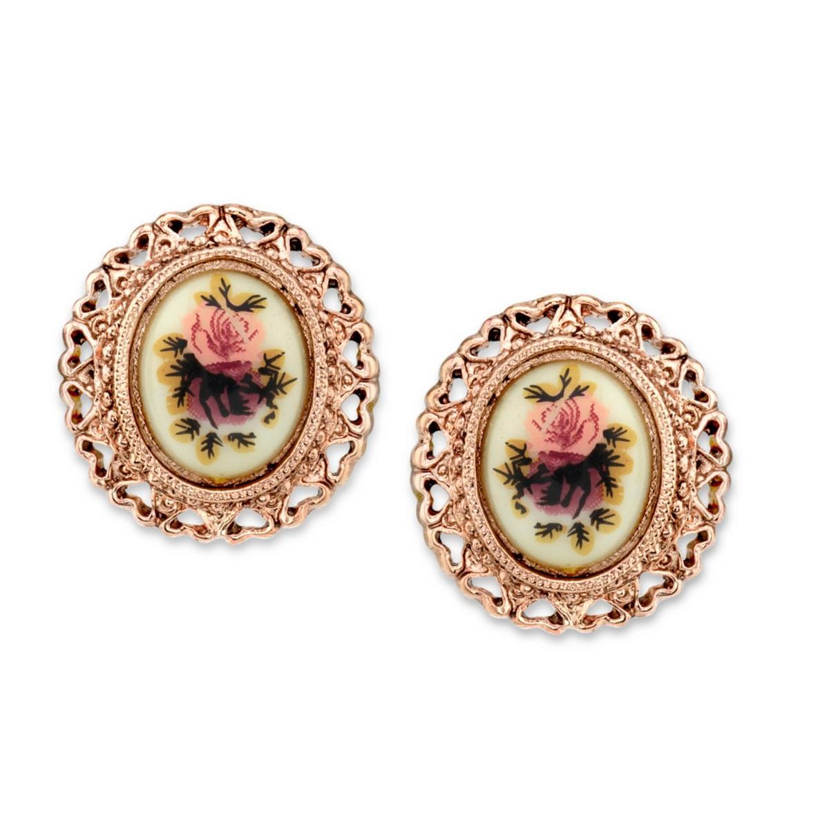 1928 Flower & Heart Button Stud Earrings, Womens, Rose Gold Tone Product Image