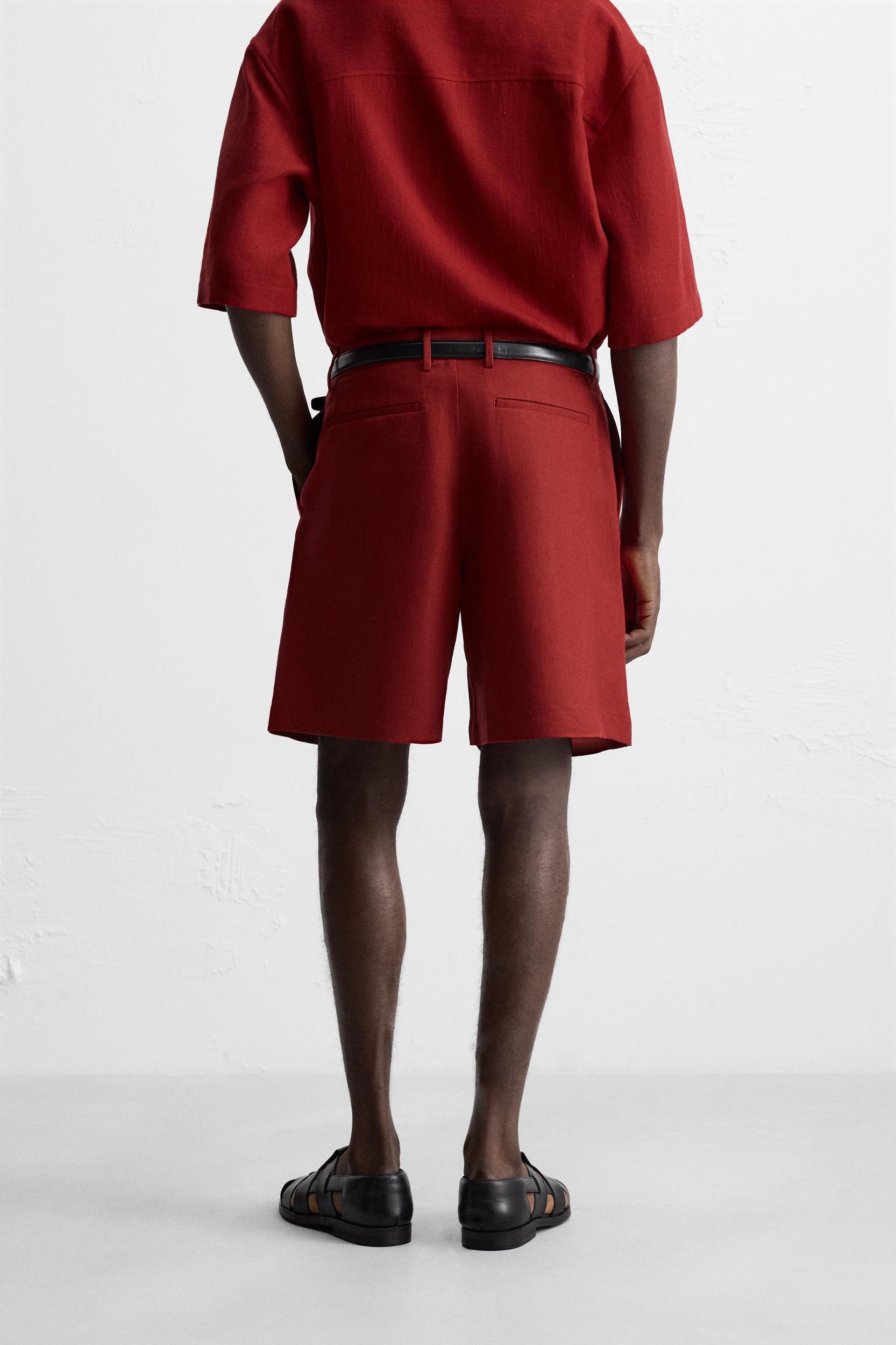 COTTON LINEN TEXTURED BERMUDA SHORTS Product Image