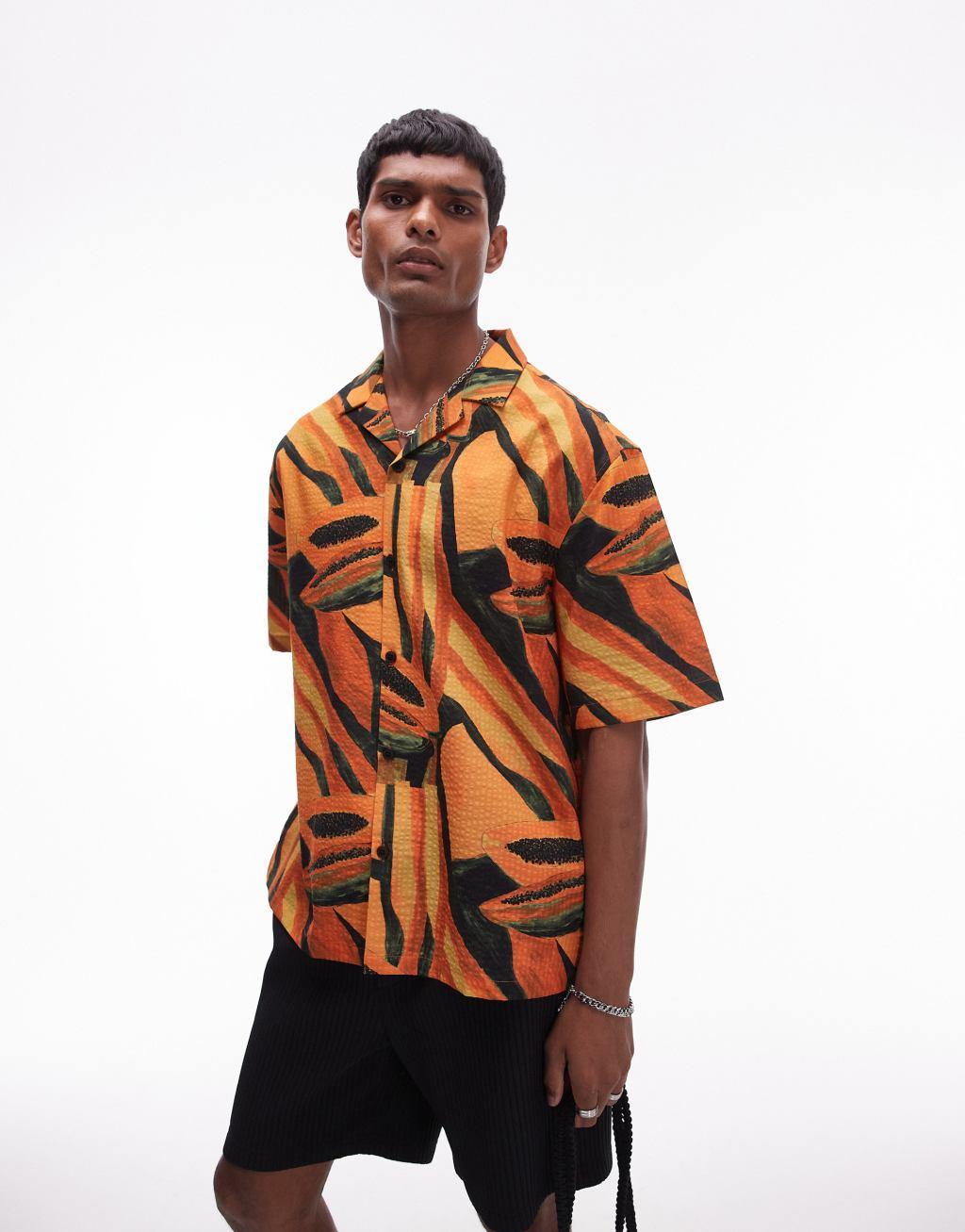 Topman short sleeve festival fruit print seersucker shirt in orange Product Image