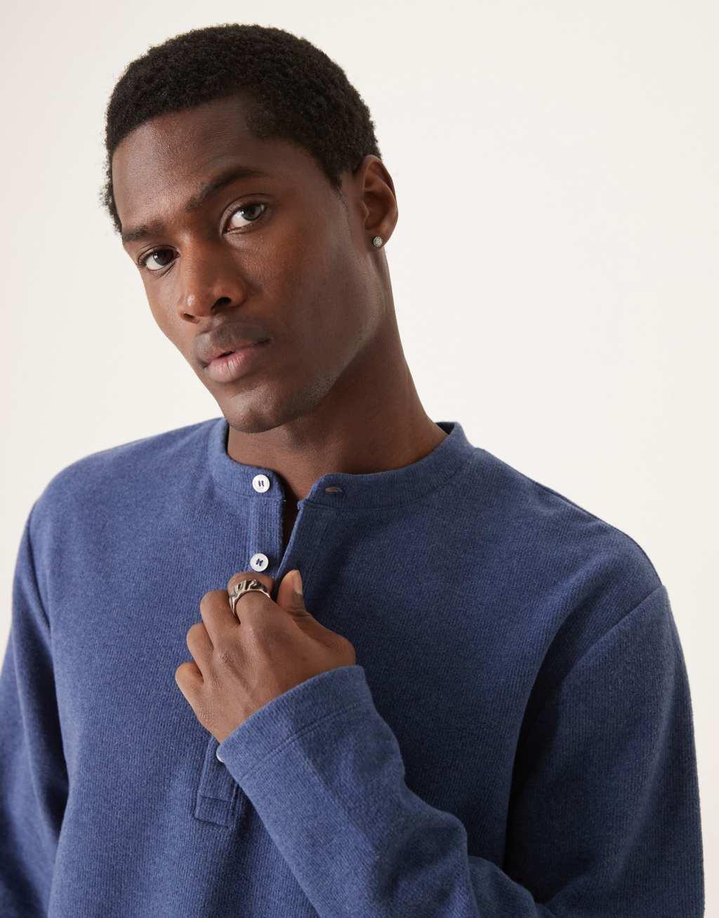 ASOS DESIGN boxy long sleeve henley sweater in blue Product Image