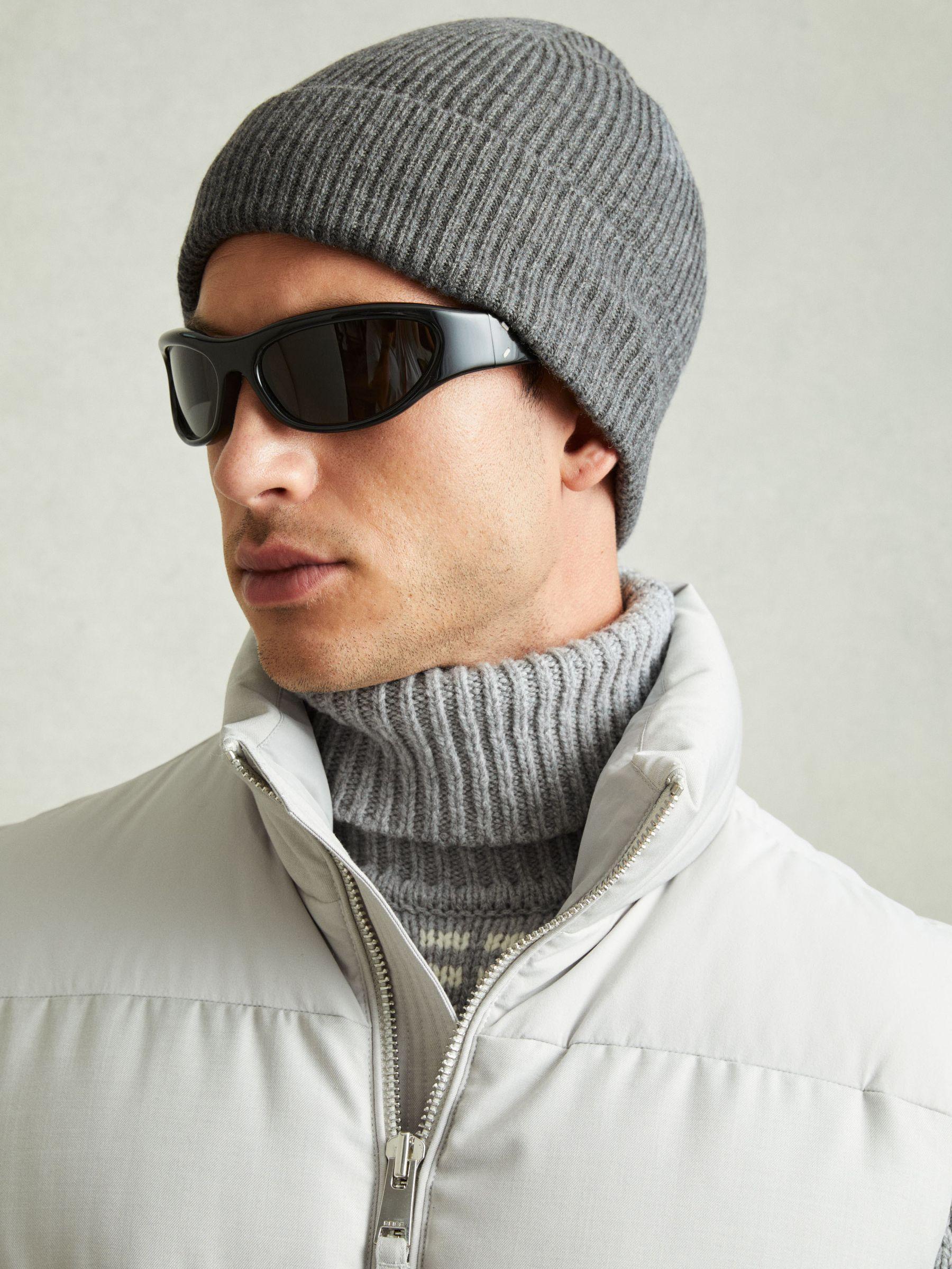 Merino Wool Ribbed Beanie Hat in Mid Grey Melange Product Image