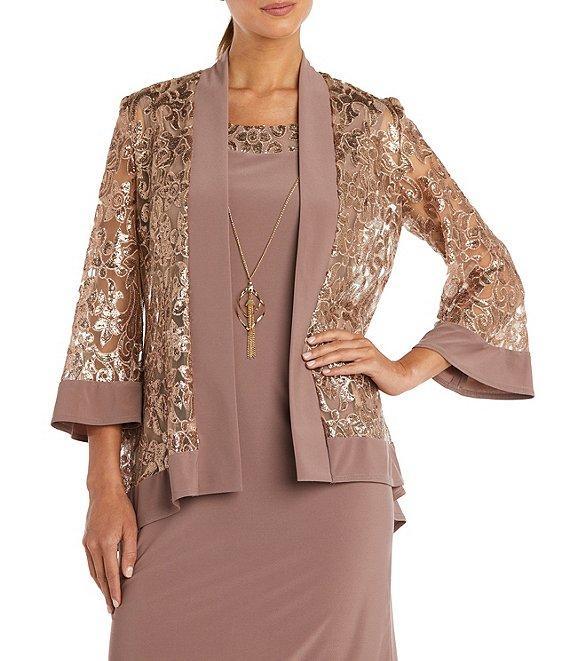R & M Richards Long Sleeve Crew Neck Sequin Mesh 2-Piece Jacket Dress Product Image
