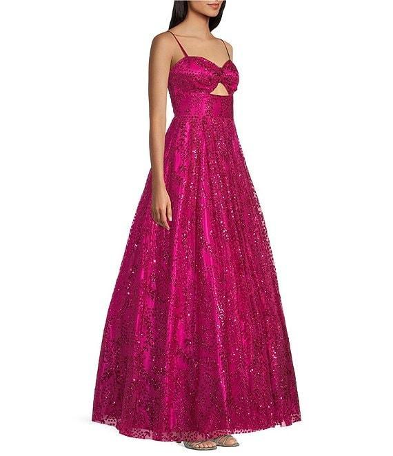 Blondie Nites Glitter Mesh Twist Front Cut Out Spaghetti Strap Tie Back Gown Product Image